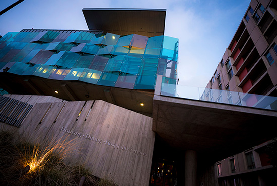 View of the dining, hospitality and admin building on campus.